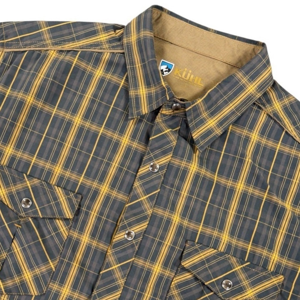 Kuhl Eluxur Shirt Mens Large Gray Yellow Plaid Excellent Outdoor Snap Front
